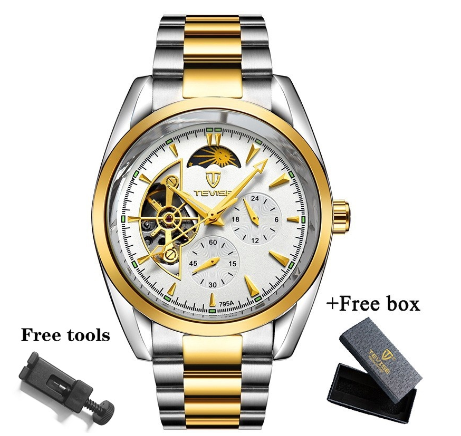 TEVISE Watch for men Automatic analog Skeleton Gold Luxury Stainless Steel Strap Waterproof Tourbillon 795A 3