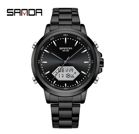 Sanda Waterproof Round Men's Fashion Quartz Watch Stainless Steel Strap Outdoor Watch BLACK WHITE STEEL STRAP
