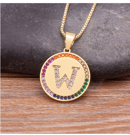 New Arrival Luxury A-Z Initial 26 Letters Pendant Charm Chain Necklaces High Quality Zircon Rainbow Jewelry W