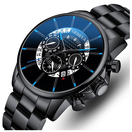 GENEVA Fashion Watch Men Stainless Steel Waterproof Quartz Casual Wacthes STEEL ALL BLACK