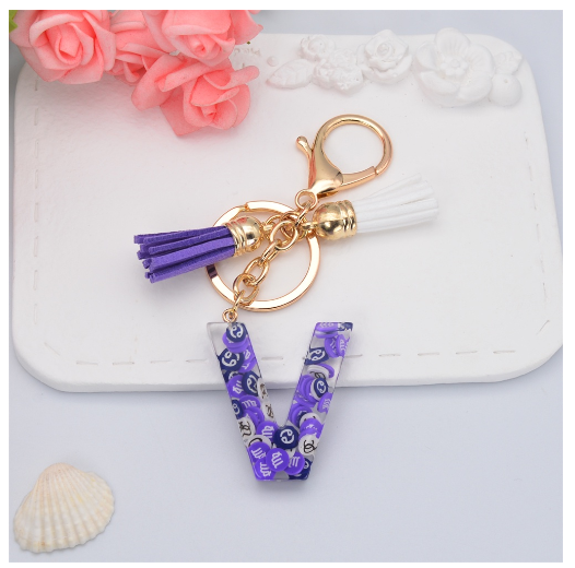 New 26 Letters Constellation Symbol Slice Resin Keychain Charms Women Handbag Ornaments With Tassel Key Ring Accessories Gift V
