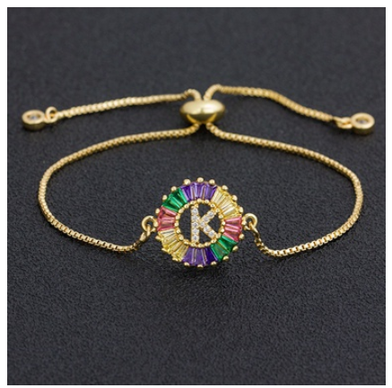 New Fashion A-Z Initial Colorful Cubic Zircon Letter Bracelets Adjustable Chain Rainbow Jewelry K