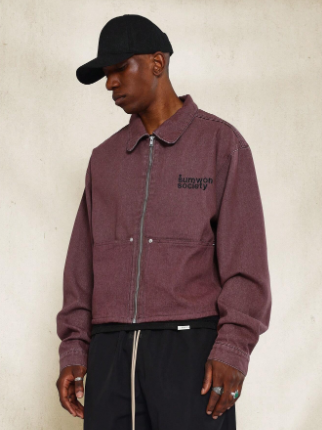 SUMWON Regular Fit Cropped Zip Through Denim Jacket With Embroidery Print