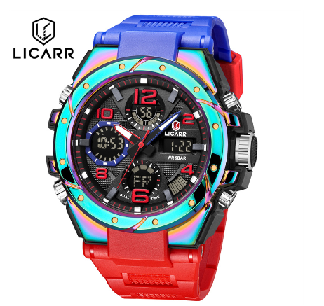 LICARR Brand Casual Men's Watches Original Waterproof Military Sport Men Watch Fashion Chrono Date Week Alarm Clock 9515 ILLUSION RED