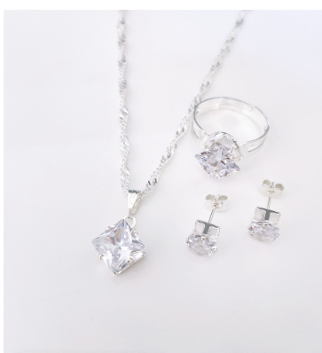 925 Silver set 3in1 Earrings Necklace Ring Size Adjustable for Women