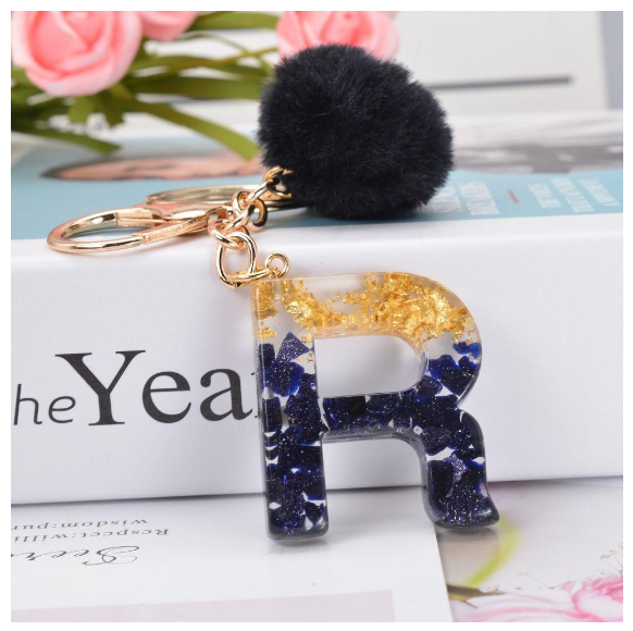 Lanfy Black Pompom Letter Keychain 26 Letter Initials Alphabet A To Z 26 Alphabet Keyring Cute A To Z 26 Black Pompom Resin Birthday Gifts R
