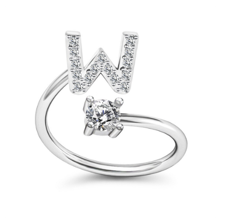 Simple Rhinestone 26 Letter Rings For Women Sliver Color Initials Adjustable Ring Opening Finger Accessories Wedding Jewelry W