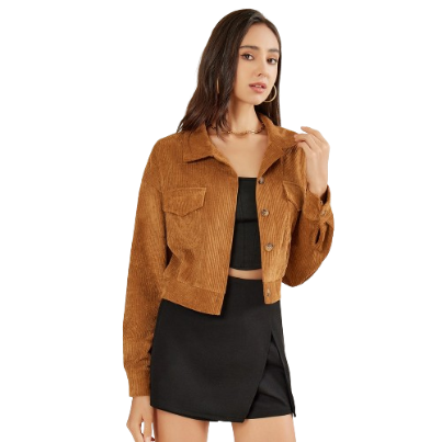 Lovito Elegant Plain Textured Fabric Pocket Corduroy Fabric Lapel Jacket L31AD030 (Brown)