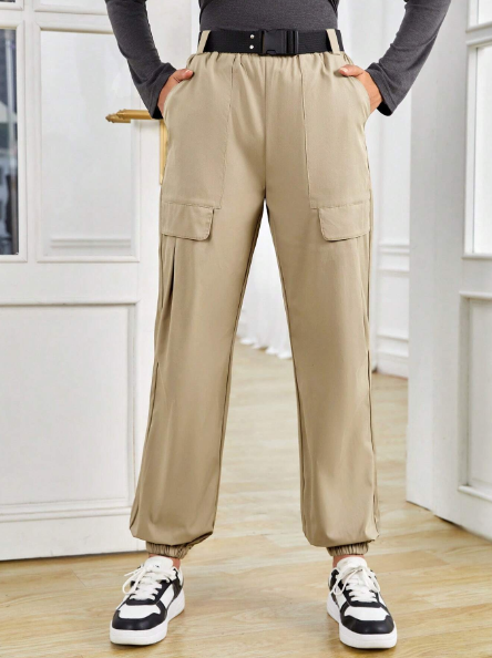 SHEIN Teen Girls Youth Woven Solid Color Pocketed Leggings Casual Pants