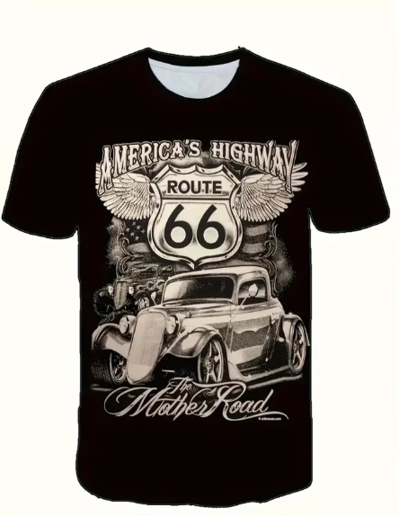 Vintage Car Pattern Route 66 Print T-Shirt, Men's Casual Street Style Stretch Round Neck Tee Shirt For Summer