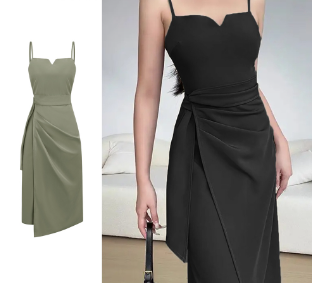 Lovito Women Elegant Plain Ruched Wrap Dress L71ED164 Green/Black