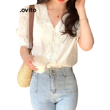 Lovito Women Casual Plain Button Front Pearls Embroidery Blouse LNE37349 (White)