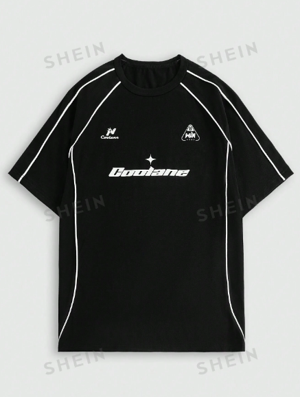 SHEIN Coolane Black Street-Style Cool Women's Event Letter Printed Color-Blocked Y2K Short Sleeve T-Shirt