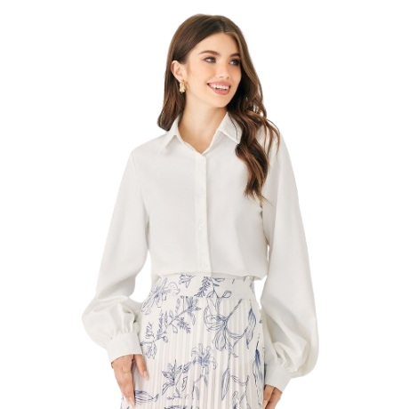 Lovito Muslim Plain Button Long Balloon Sleeves Loose Blouse for Women L47ED087 (White)