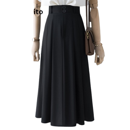 Lovito Women Casual Plain Pleated Double Button Ball Gown Skirts L68ED303 (Apricot/Black)