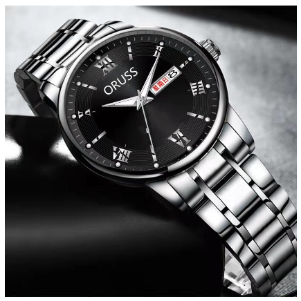 Oruss Luxury Silver Watch Men Original Waterproof Automatic Dual Calendar Quartz Watch Fashion Stainless Steel Strap Men Watch Relo 008