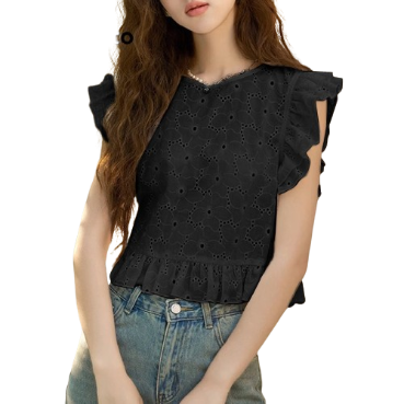 Lovito Women Eyelet Embroidery Ruffle Tank Top LNE20172 (Black)