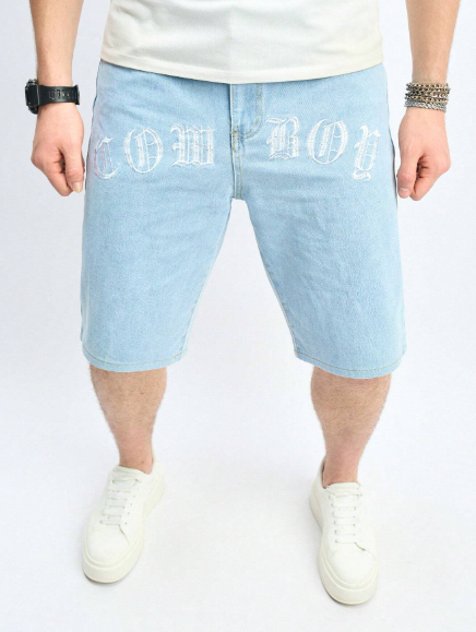 Manfinity EMRG Men Casual Bermuda Denim Shorts With Letter Print Pockets