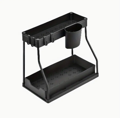 Plastic Under-Sink Organizer Tray with Open-Storage, No Electricity Required - Kitchen Countertop Rack with Removable Hooks and Hanging Cup