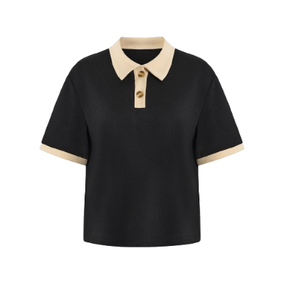 Lovito Casual Plain Colorblock Button Short Sleeves T-Shirt for Women L47ED014 (Black)