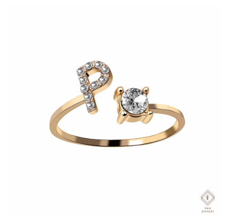 26 Letter Rings Cubic 14K Gold Promise Ring Diamond Ring Wedding 925 Silver Ring Adjustable Size P