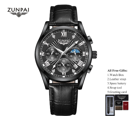 ZUNPAI Watch for Men Original Waterproof Leather Strap Unisilver Gold Business Sun Moon Star Multifunction Calendar Luminous Watch ALL BLACK