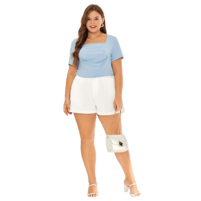 Lovito Plus Size Curve Elegant Plain Zipper Elastic Waist Shorts for Women LPS11042 (White)