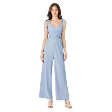 Lovito Women Casual Plain Lace Up Wrap Jumpsuit L37ED026 (Light Blue)