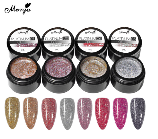 Monja 5ML Glitter Platinum Gel Nail Polish 8 Colors Reflective Powder Hybrid Painting Lacquer Manicure Soak Off Uv Varnish