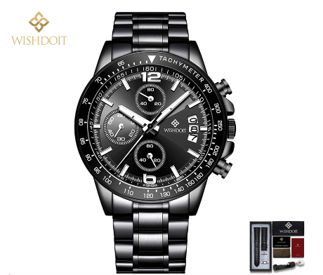 WISHDOIT Watch For Men Original Waterproof Stainless Steel Silver Metal Wristwatch Multifunction Calendar Luminous Watch ALL BLACK