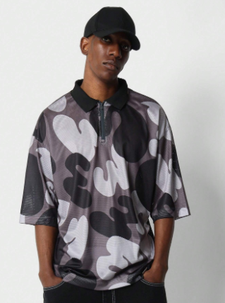 SUMWON Oversized Fit Mesh Polo Camo Printed Shirt