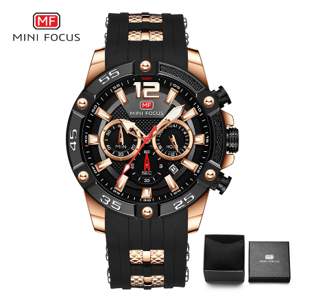 Mini Focus Watch Men Luminous Chronograph Waterproof Sports Silicone Analog Quartz Watch GOLD BLACK