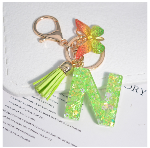 Glitter Green 26 Letter Resin Keychain Fashion Sequin Filled A-Z Alphabet Keyrings For Women Car Key Holder Accessories Souvenir N