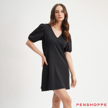 Penshoppe Poplin Puff Sleeves V-Neckline Dress For Women Black