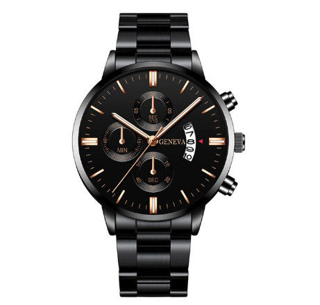 GENEVA Luxury Silver Mens Stainless Steel Analog Watches Mens Three Eyes Calendar Quartz Business Wristwatch Men Watch BLACK ROSEGOLD