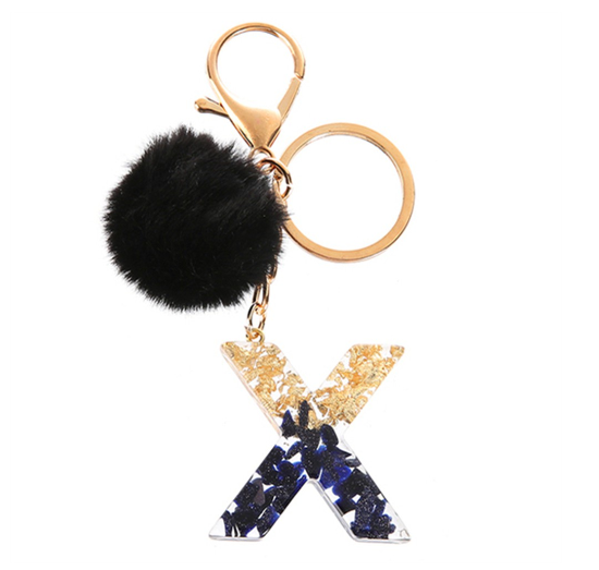 New Black Pompom 26 English Alphabet Resin With Gold Foil Keychain Charms Exquisite Letter Keyring X