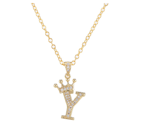 Luxury Crystal Zircon Alphabet Pendant Necklaces for Women Men Gold Crown Initial Letter Necklace Y