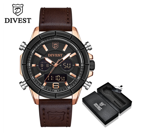 DIVEST Fashion Brand Men's Watches Chrono Sport Male Military Dual Display Men Watch Waterproof Luminous 9002 ROSEGOLD BLUE DARK BROWN