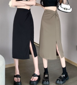 Lovito Women Casual Plain Knot Split Skirts LNL37166 Khaki/Black