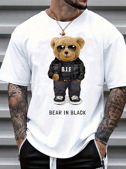 Men's Summer Casual Tee With Slogan Print And Bear Graphics, Short Sleeve Round Neck T-Shirt