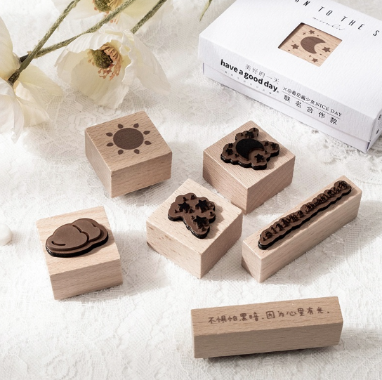 2Pcs/pack Weather Sunny Rainy Cloudy Wooden Rubber Stamps for Decoration Mini Scrapbooking Journal DIY Craft Stationery