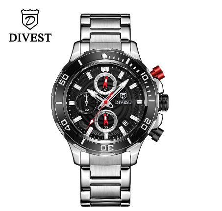 DIVEST Waterproof Watch Men Brand Business Fashion Casual Quartz Original Men's Watches Calendar Luminous 9012 SILVER BLACK