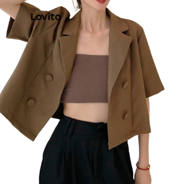 Lovito Women Casual Plain Button Blazer L76AD206 (Mocha Brown)