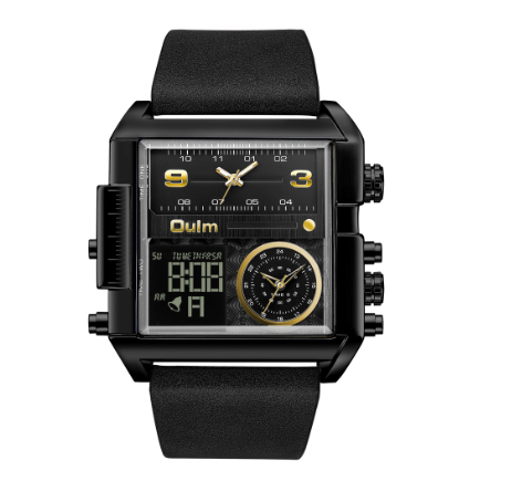 Oulm Mens Big Dial Sports Watches Military Digital Quartz Watch Luxury Brand Fashion Square Dial Leather Wristwatch BLACK