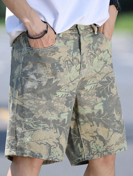 Manfinity LEGND Men's Loose Bermuda Denim Shorts With Plant Print And Pockets