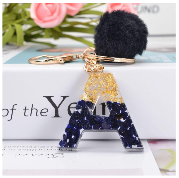 Lanfy Black Pompom Letter Keychain 26 Letter Initials Alphabet A To Z 26 Alphabet Keyring Cute A To Z 26 Black Pompom Resin Birthday Gifts A