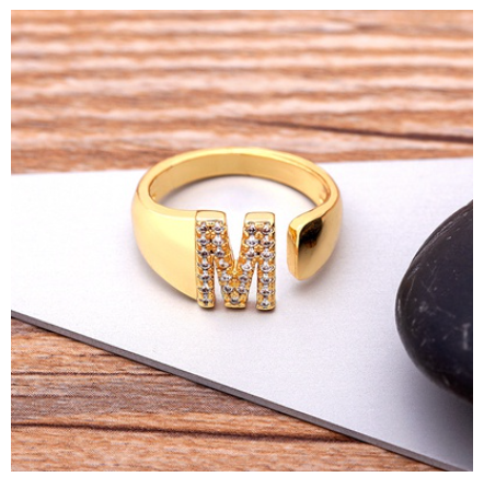 Fashion Chunky Wide Hollow A-Z Letter Gold Color Opening Ring Initials Name Alphabet Female Jewelry M