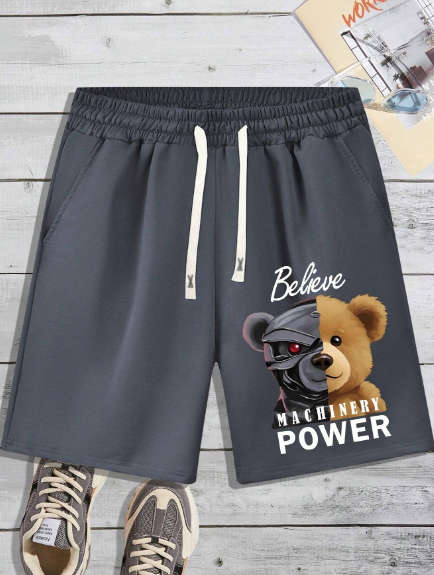 Men's Summer Mechanical Bear Print Casual Sports Shorts, Elastic Waist Drawstring Half Pants For Travel, Outdoor Camping, Holidays - Trendy Streetwear