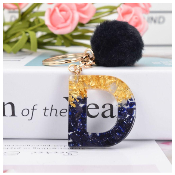 Lanfy Black Pompom Letter Keychain 26 Letter Initials Alphabet A To Z 26 Alphabet Keyring Cute A To Z 26 Black Pompom Resin Birthday Gifts D