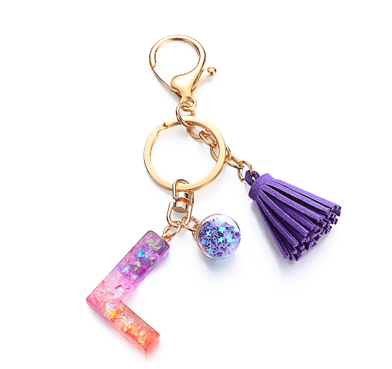 Cute Creative 26 Letter Alphabet Crystal Glitter Resin Keychain Women Tassels Keyring Car Key Holder Bag Charms Accessories L